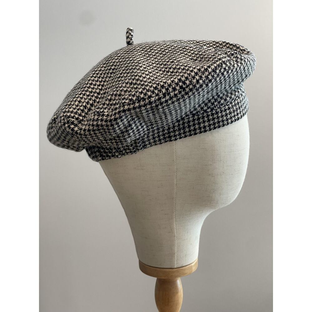 Hat Cap Beret Womens One Size Black Houndstooth Tweed Lined Wool Blend - Picture 4 of 8